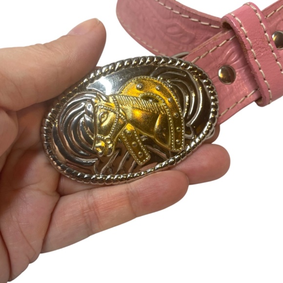 Pink Leather Belt-Youth Girls-Tooled Stamped-Western Belt - Picture 4 of 11